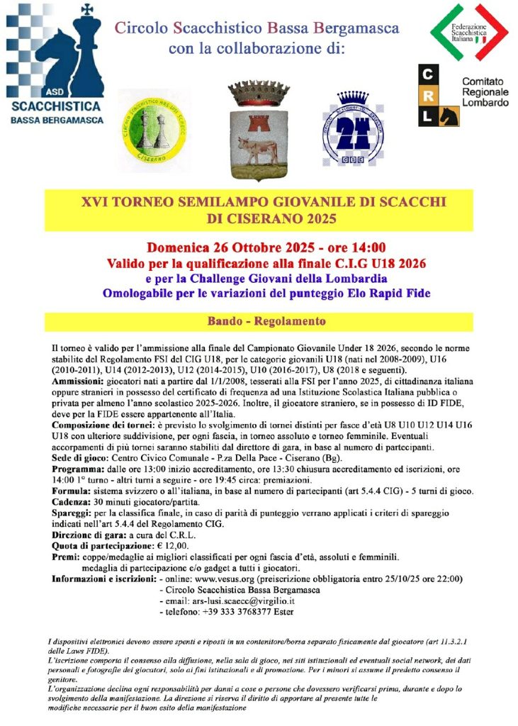 XVI Torneo Semilampo Giovanile di Scacchi –  Ciserano 2025 - Circolo di Scacchi Bergamo e Provincia